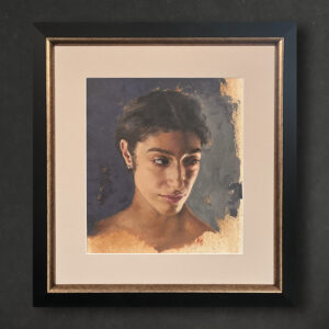 Oil painting portrait of a woman. her gaze is looking to her left.